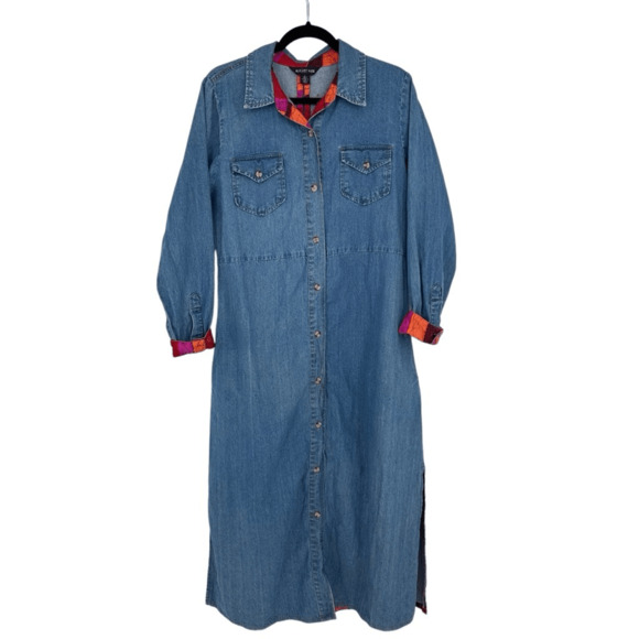 Vintage August Max Womens Denim Shirt Dress Midi Size L Cotton Silk Western Blue - Picture 1 of 16